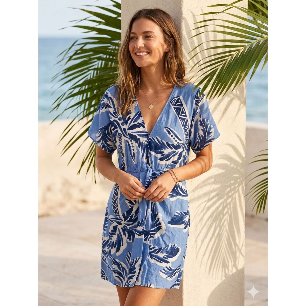 H&M Womens Wrap Dress Sz XS Linen Blend Tropical Resort Vacation Travel Euro